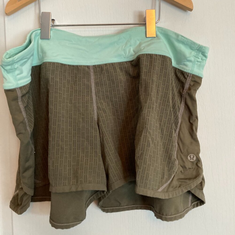 Lululemon Shorts – Olive Green w/ Mint Waistband (Size 8)